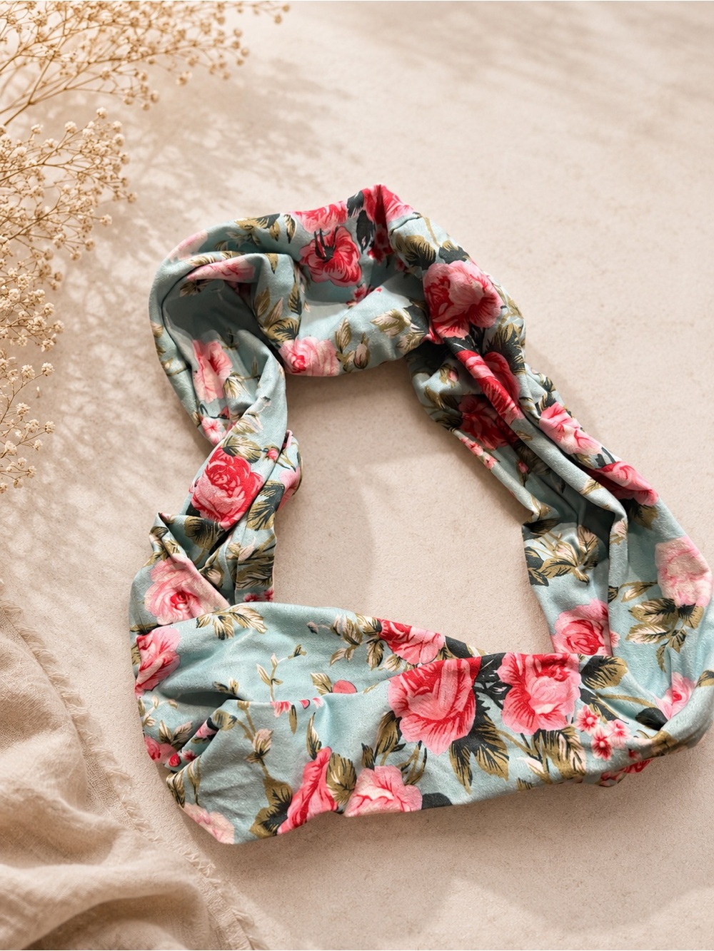 Floral Twist Headband in Mint with Pink Roses